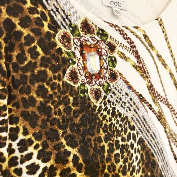 Cache VTG Light Sweater Jewel Brooch Embellished Animal Print Royalty Y2K Sz M - Picture 2 of 7